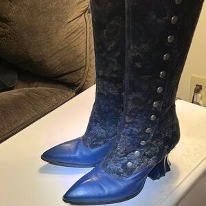 John Fluevog Blue Heeled Boots with Intricate Lacing